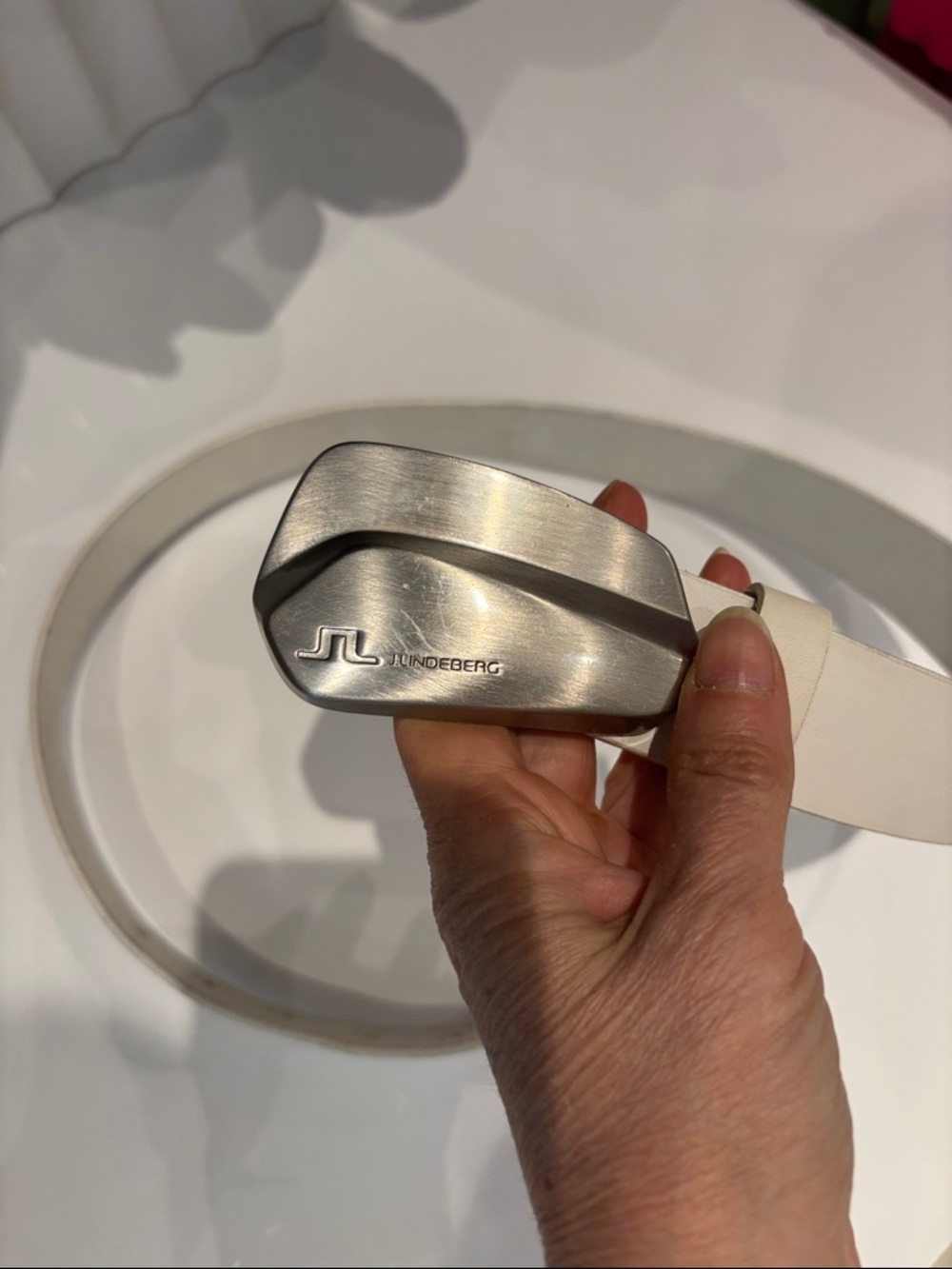 J.Lindeberg White Leather Belt with Silver Embossed Text